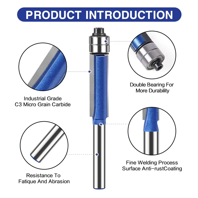 4Pcs 6mm Shank Flush Trim Router Bits with Bearing, Woodworking Template Pattern Milling Cutter Tools
