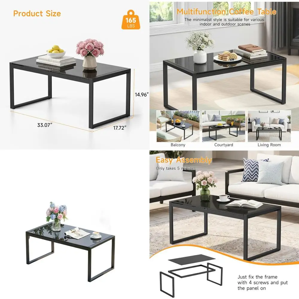 

Журнальный столик с закаленным стеклом, регулируемая высота, подходит для улицы, патио, балкона, террасы, гостиной, черный