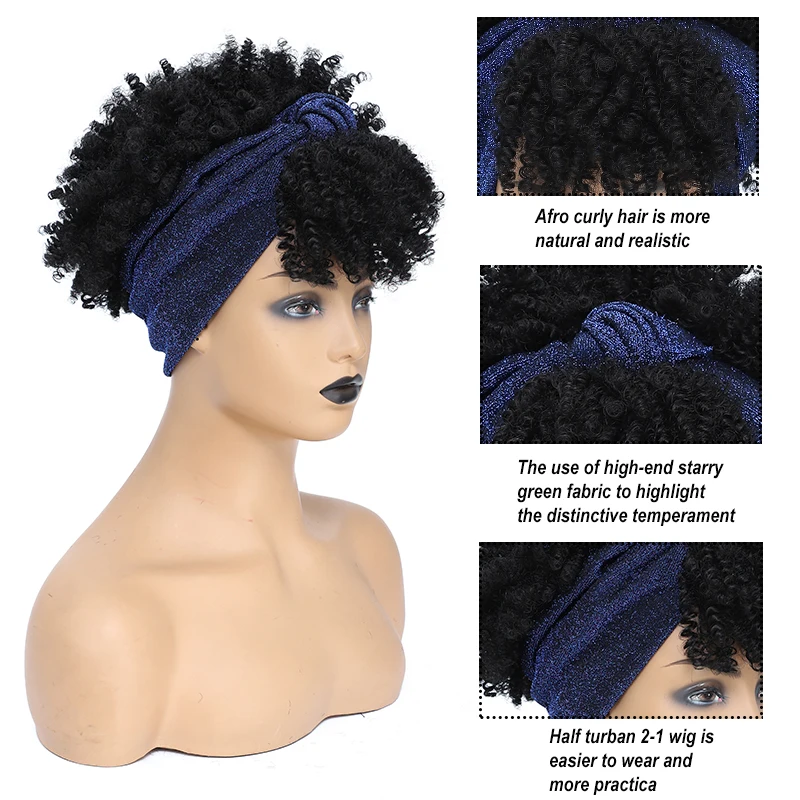 Peluca sintética Afro rizada con diadema para mujer, Pelo Corto con bufanda, color negro, uso diario, Cosplay