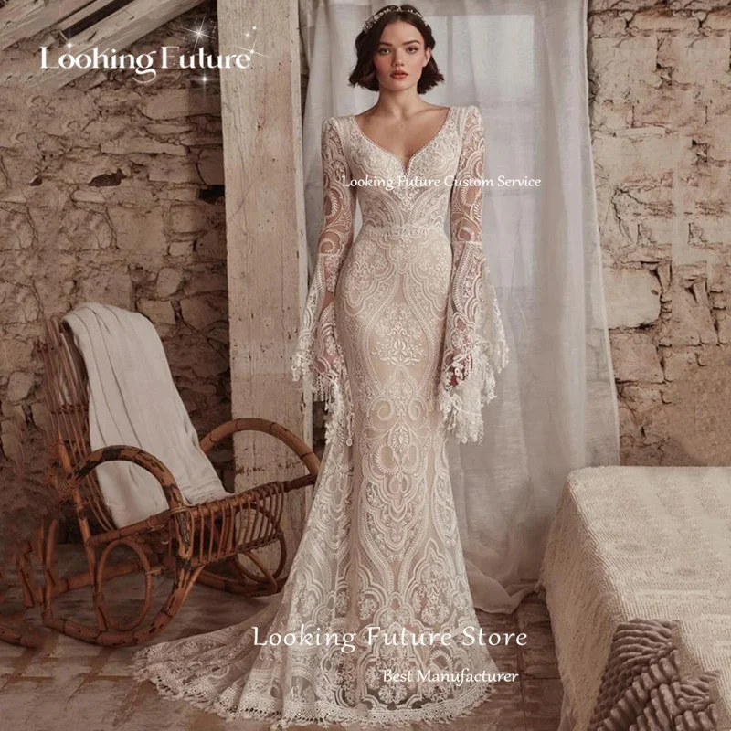 Boho Mermaid Wedding Dresses Long Sleeve Pleat Sexy Lace Illusion Bridal Gowns V-Neck Backless Zipper Sweep Train Customized