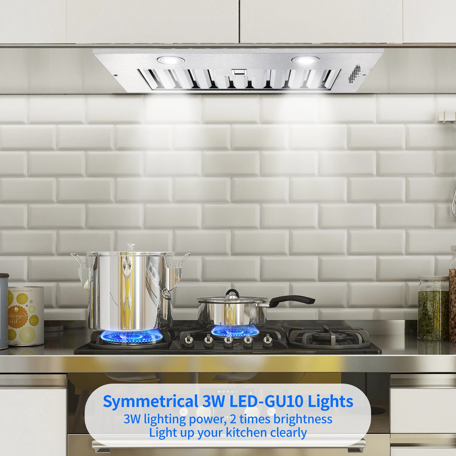 600CFM 20" Stainless Insert Range Hood Convertible Ducted/Ductless 2LED light 3-Speed Baffle Filter&Button Control Easy to clean