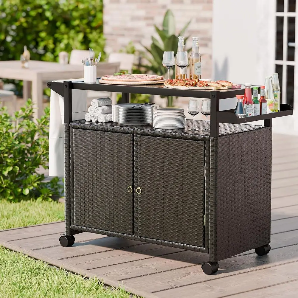 Outdoor Bar Cart with Storage and Wheels, Outdoor Bar Table with Tempered Glass Top & Shel, Rolling Wicker Storage Cabinet with
