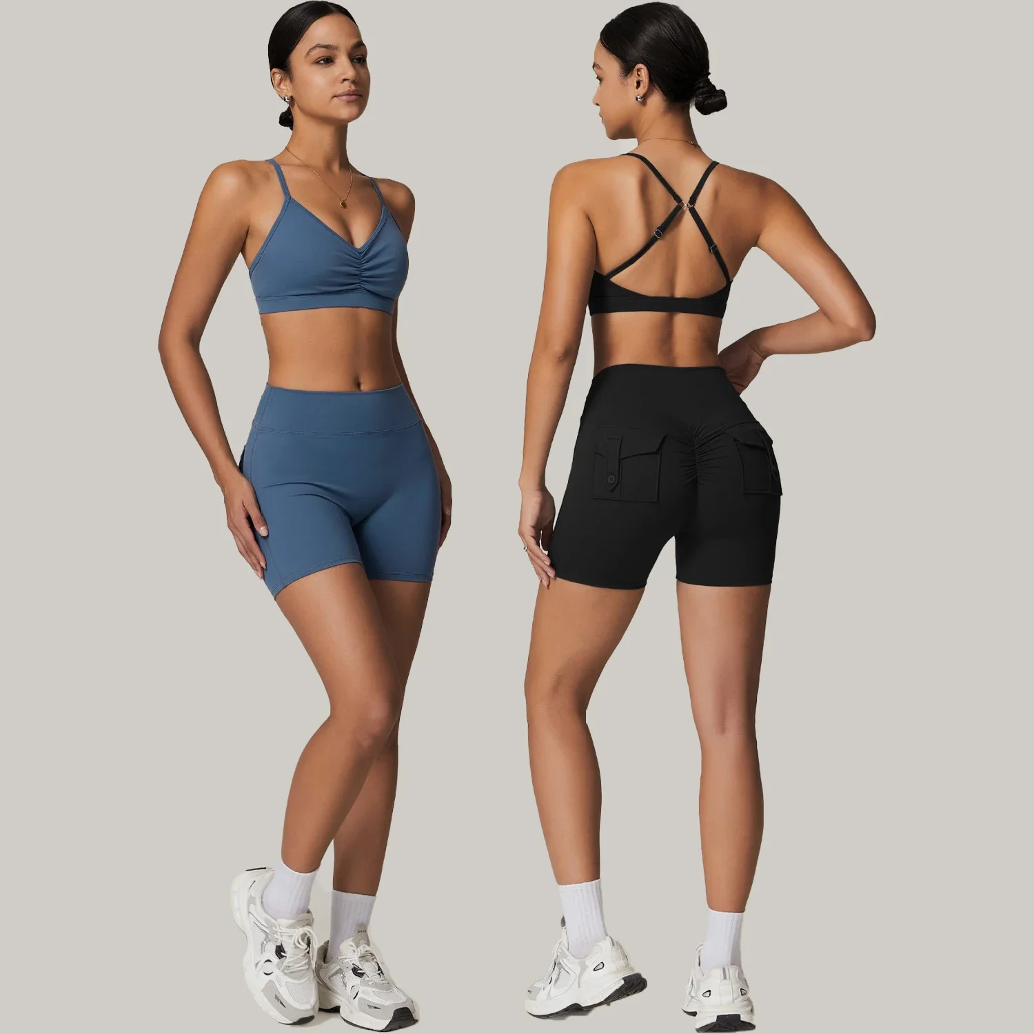 Solid Color High Waist Yoga Clothing Set Workwear Pocket Sports Shorts Set Gym Wear Running Workout Quick Dry Fitness Clothing