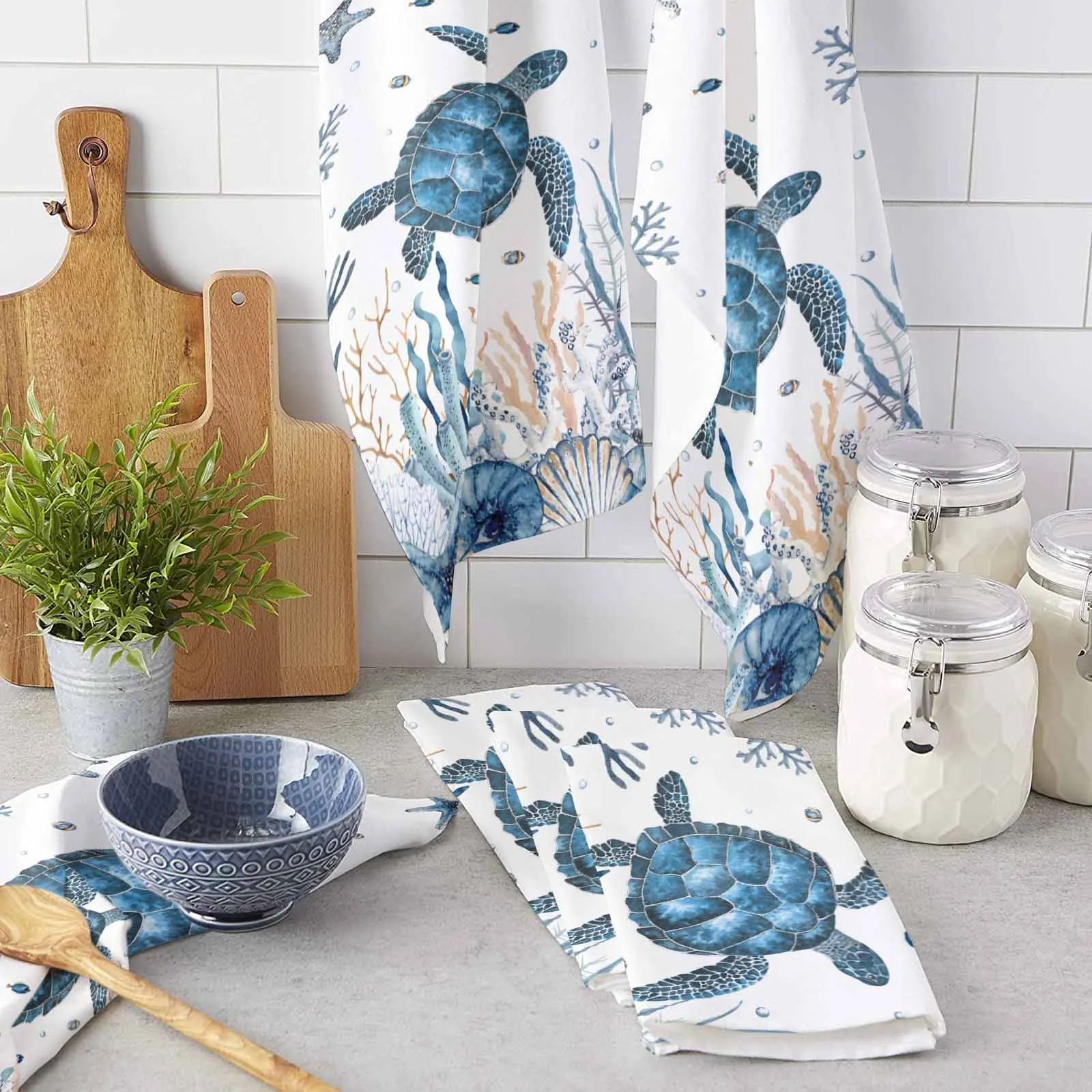 

Ocean Coral Seagrass Sea Turtle Kitchen Towel Absorbent Dish Cloth Tableware Towel for Kitchen Household Cleaning Tool