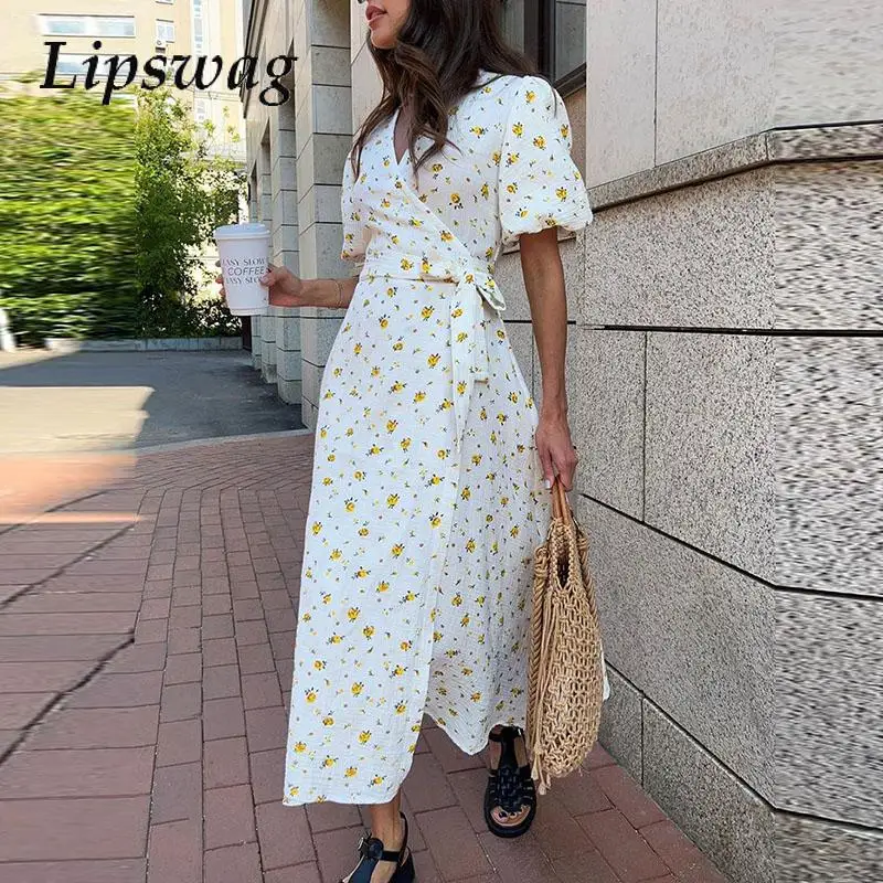 

Office Lady 2024 Floral Printed V-neck Long Dress Elegant Slim Puff Short Sleeve Dresses Women Summer Lace-up Split Party Dress