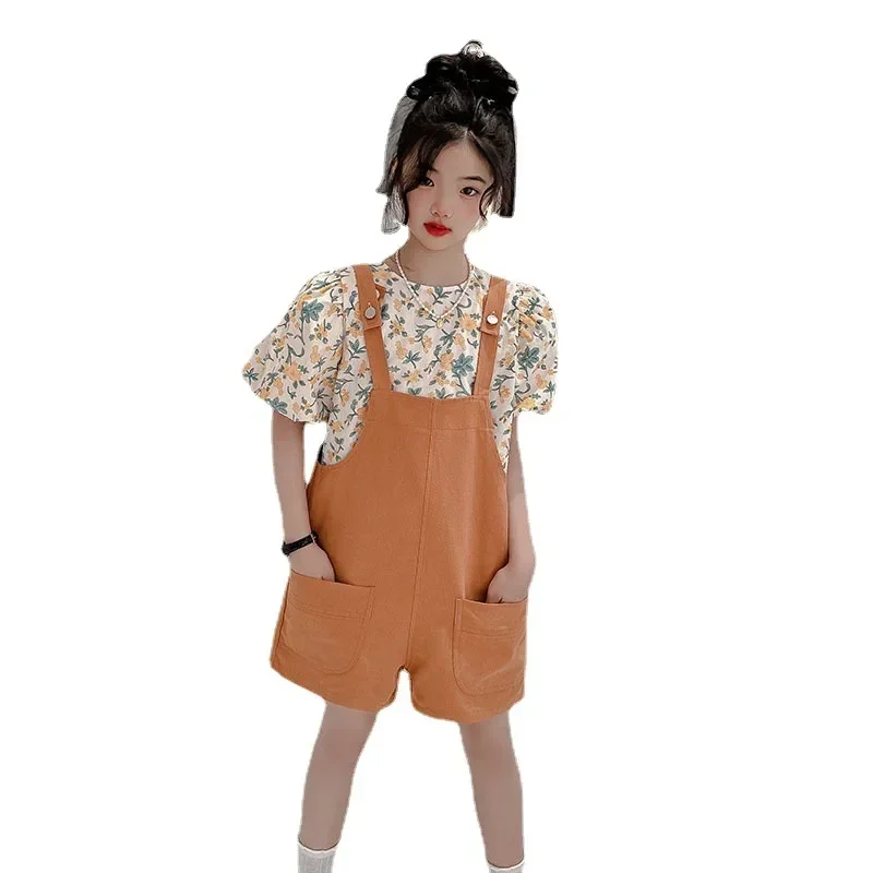 

New Teen Girls Clothing Set Korean Kids Loose Fashion Floral Bubble Sleeve Top + Casual Suspenders Jumpsuit Suit Child 5-15 Year