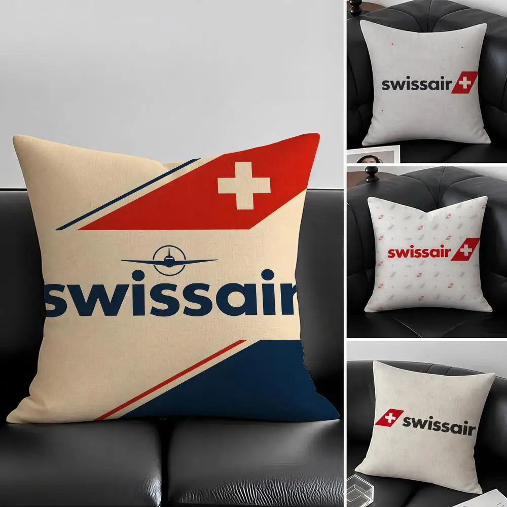 Airline Brand S-Swissair Cushion Cover Natural Linen Pillowcase Set, All-in-One Decor for Sofa, Bedroom & Chair