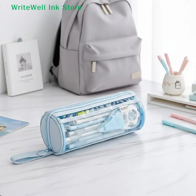

[FOA]Zipper Cylinder Pencil Case Ring Transparent Large Capacity Organizer Pencil Bag For School Supplies[FOA]