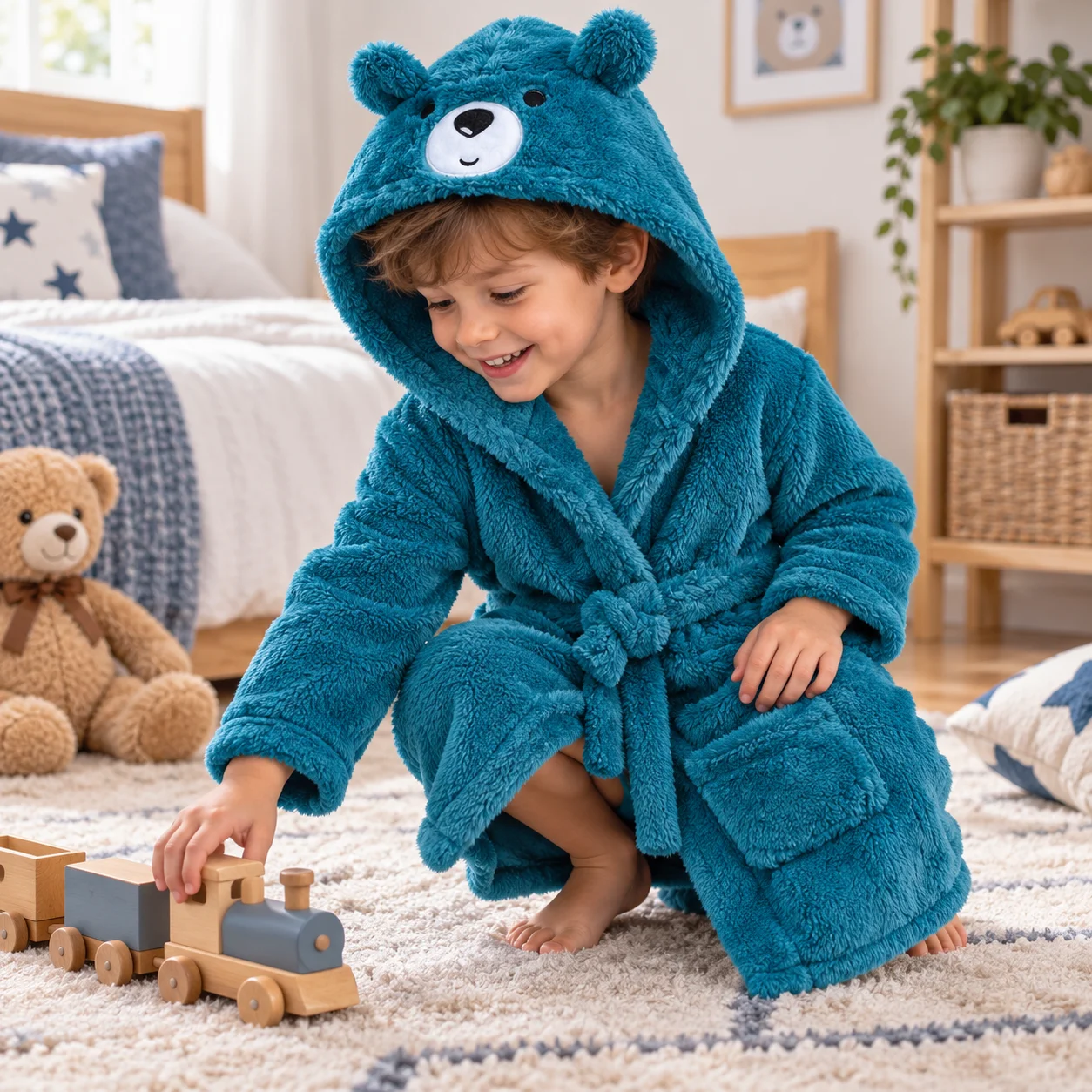Boy Flannel Pajamas Robe Winter Children Sleepwear Soft Blue cartoon Bear Shape Hooded Kids Homewear 9-12month-2-7Years