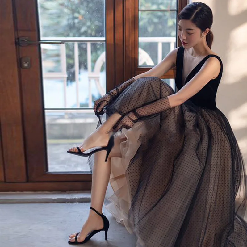 

Black Velour Top Tea-Length Prom Dresses Ruched A-Line V-Neck Dotted Tulle Open Back Sexy Prom Gowns Birthday Dress For Women