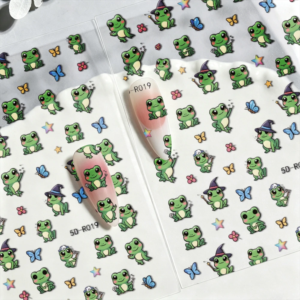 1/6Pcs Cartoon 5D Cute Animal Nail Stickers Mixed Green Frog Bear Pig Black Cat Adhesive Nail Decals For DIY Manicure Nail Slide