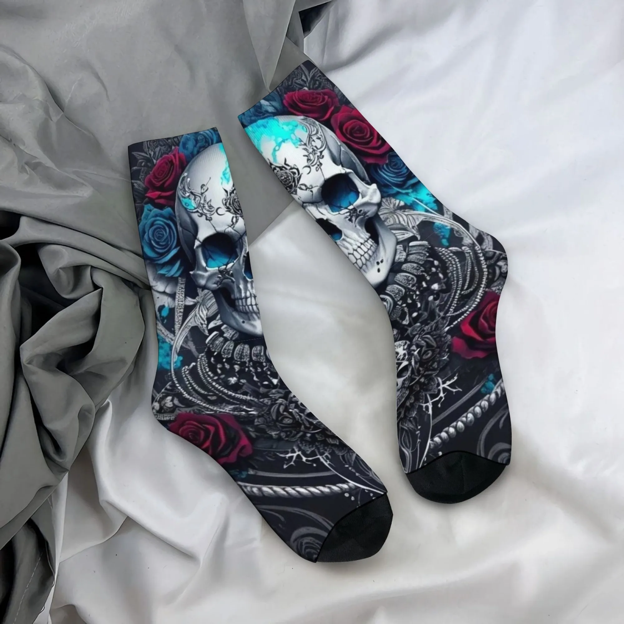 Gothic-style Romantic Socks Blue-eyed Skull and Rose Rune Print Mid-calf Socks Dark Unique Soft Comfortable and Durable Socks