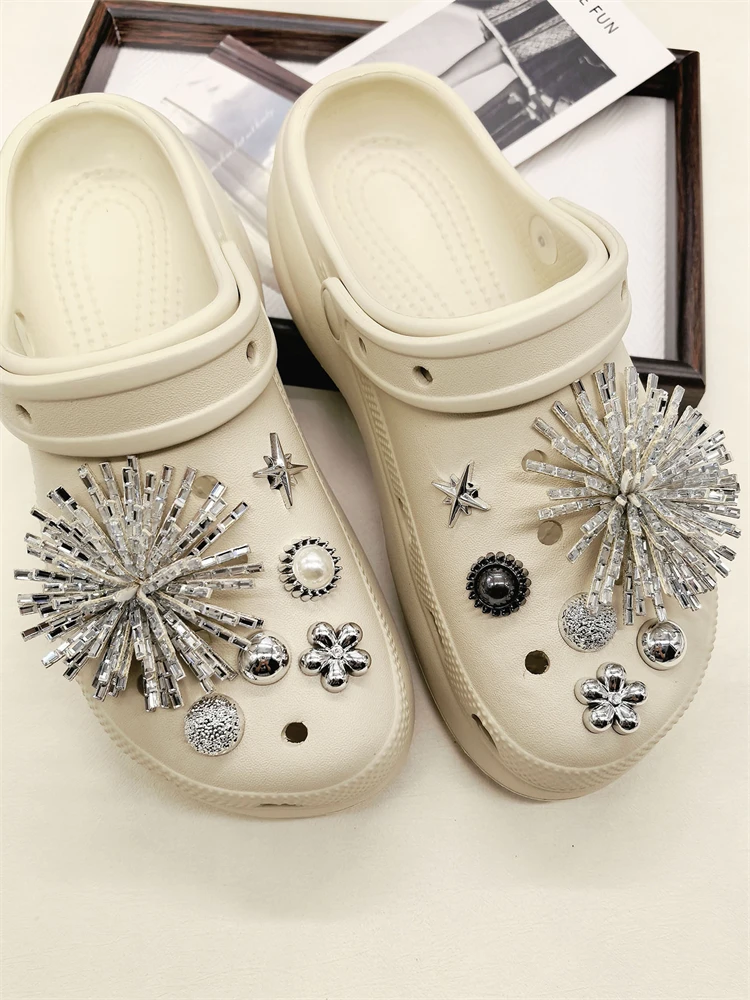 12PCS Shiny Firework Starbust Shoe Charms Accessories Silvery Heart Clogs Shoe Buckles DIY Decorations Round Beads Shoe Clips