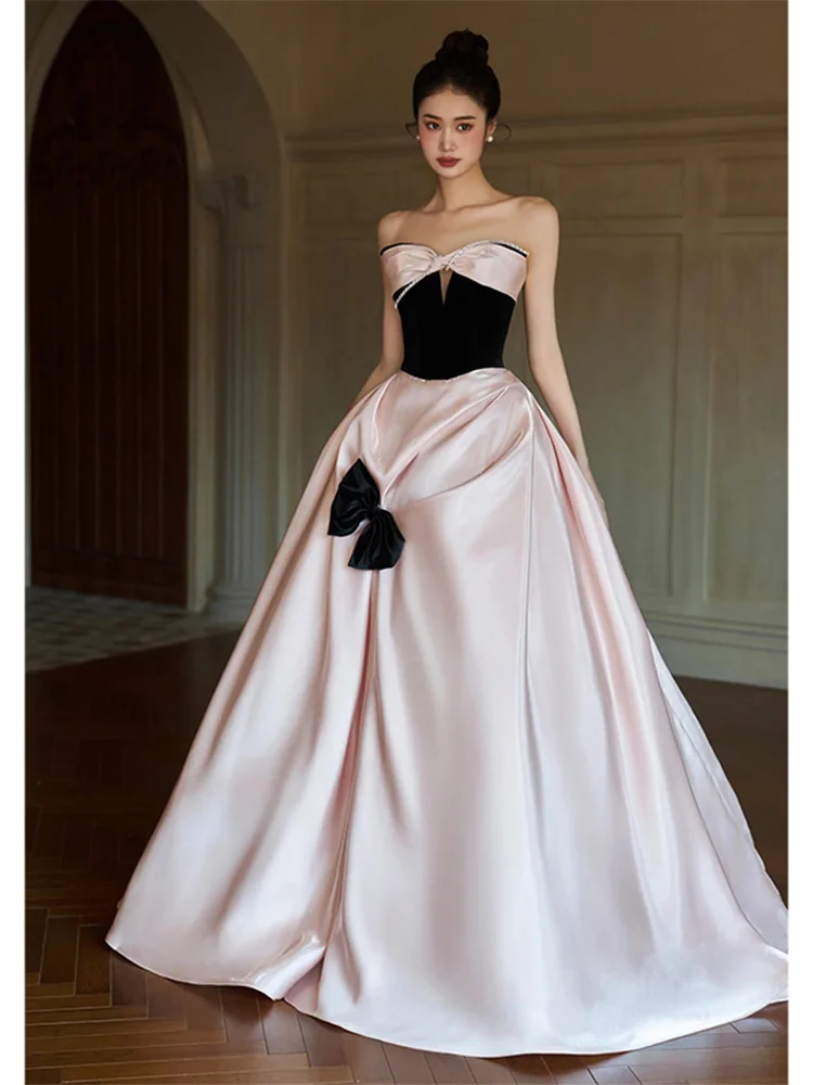 Rosa trägerloses Satin-Abendkleid Princ Sle Hochzeit Dr. Geburtstag Par Brautkleid Erwachsene Zeremonie Langer A-Linien-Rock