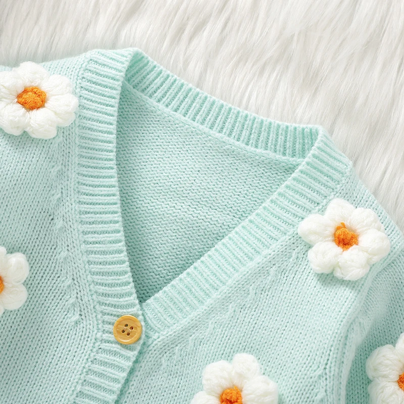 Sweet Long Sleeve V-neck Single Breasted Baby Girls Spring & Fall Coat Knitted Acrylic Babies Cardigan For 6-36 Months Newborn