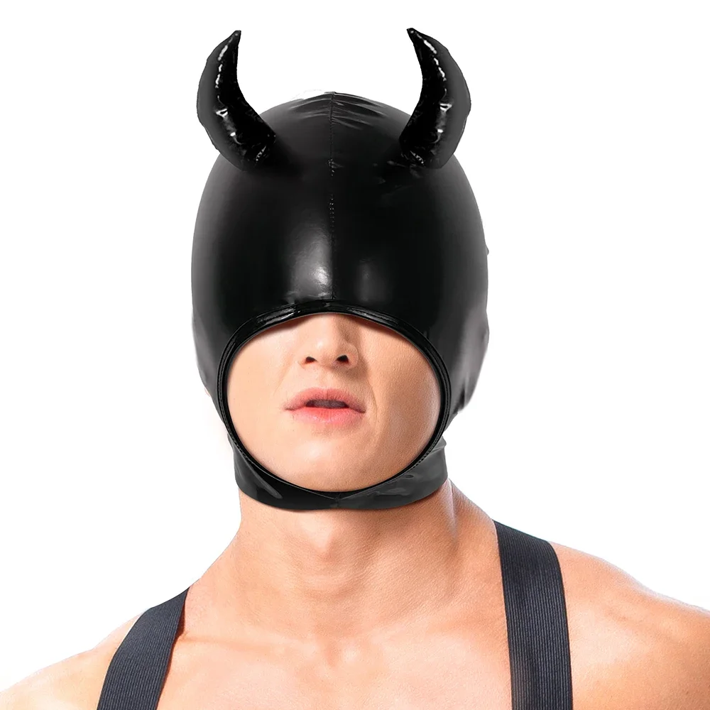 

Halloween Sexy PU Leather Latex Face Mask with Demon Horn Cosplay Party Masquerade Hood Head Mask Men Dj Stage Costume Props