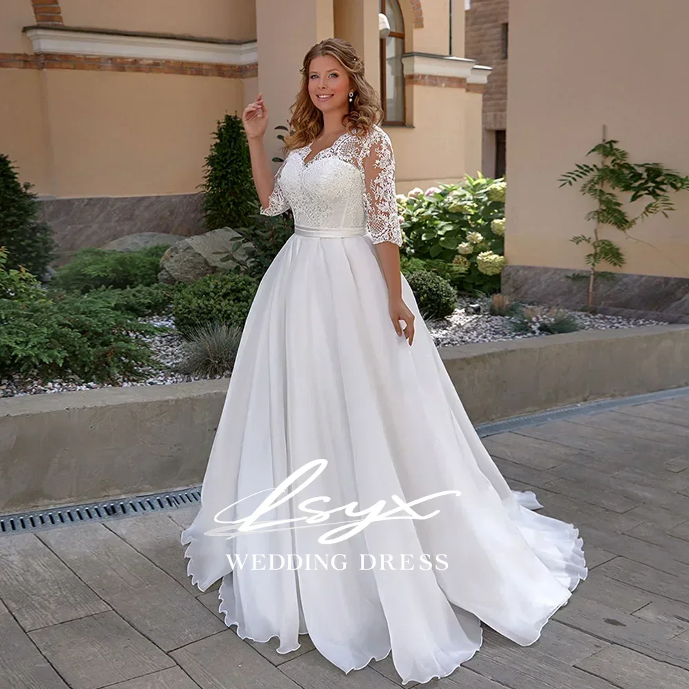 V Neck Illusion Lace Yoke Three Quarter Sleeves Wedding Dress Applique Bodice Flowing Chiffon A Line Ball Gown with Sweep Train