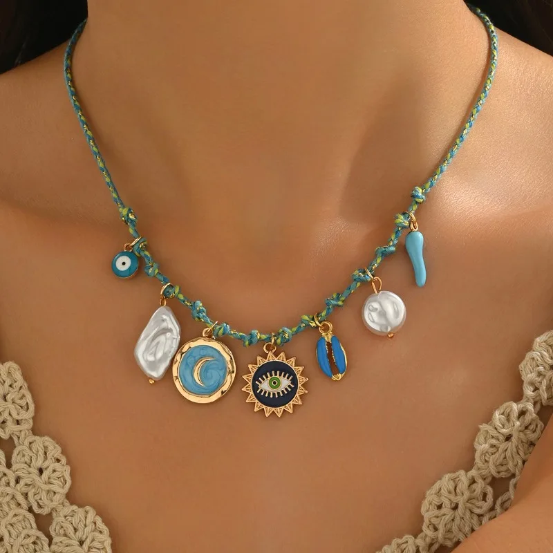 

New Summer Sea Love Wind Moon Star Blue Eyes Alien Imitation Pearl Pendant Necklace