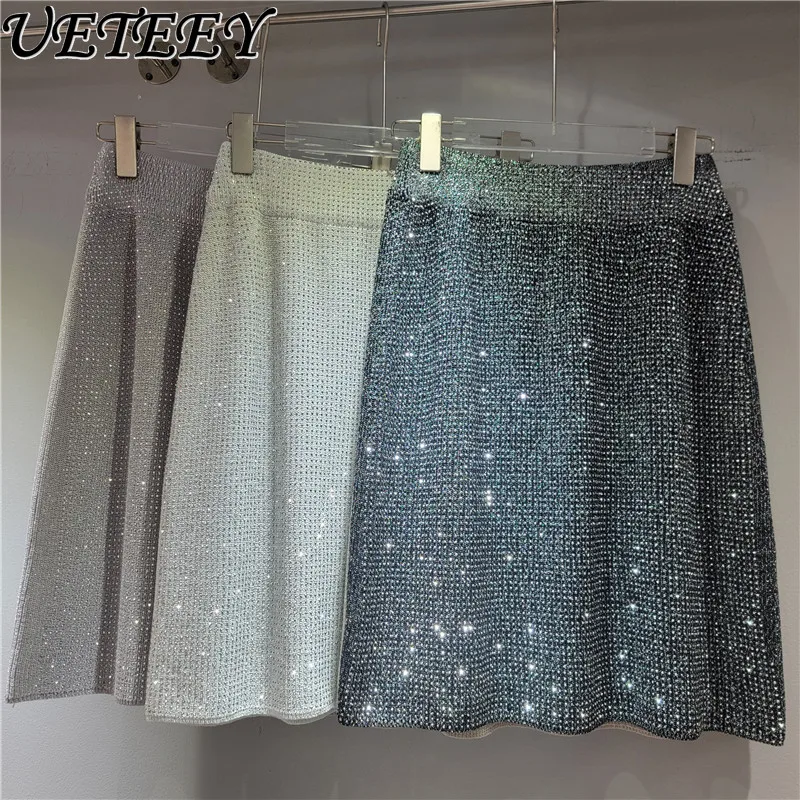 

Новая летняя юбка-миди 2026 года с блестящими стразами, облегающая, трикотажная, для ночных клубов и светских мероприятий