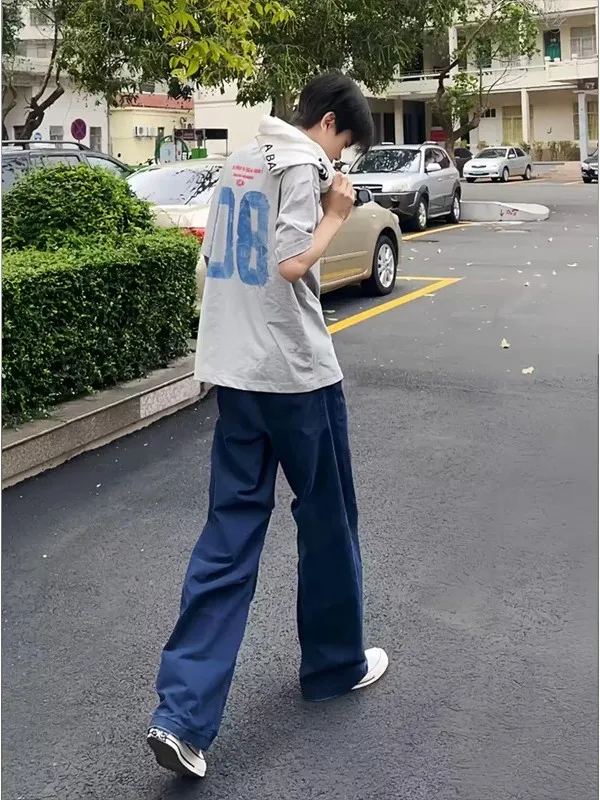 

American Style Retro Workwear Pants Men's Extended Length Tall Cleanfit Straight Leg Micro Flared Knife Blue Cotton Casu...