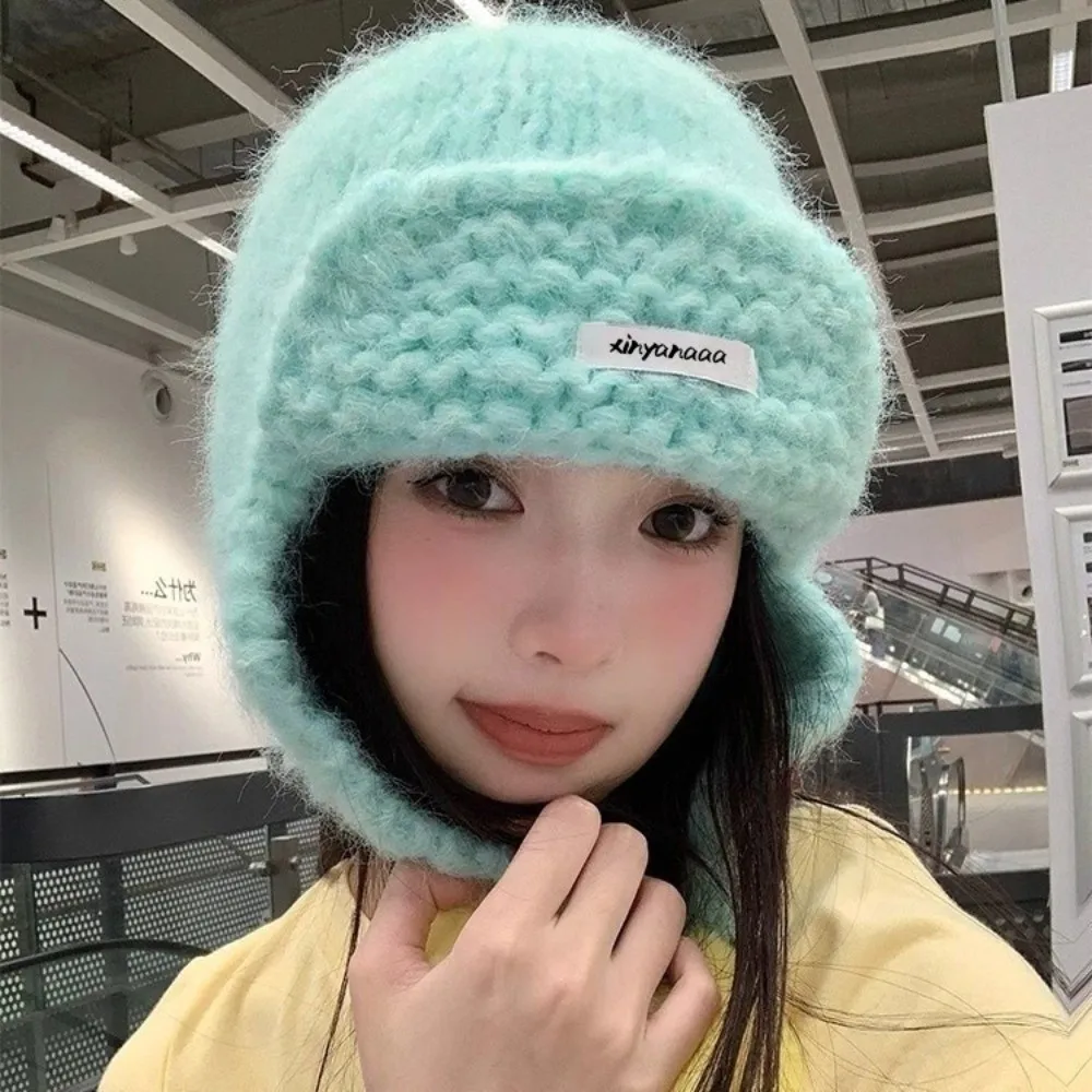 

Fashion Autumu Winter Women Knitted Cap Sweet Y2k Warm Beanie Hats Versatile Fluffy Pom-pom Ear Protection Caps Girls