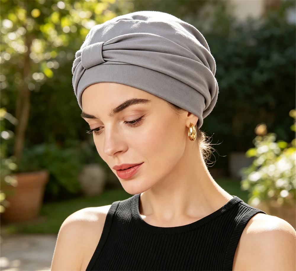 3pcs Women Solid Color Knotted Turban Hat Hijab Stretch Head Wrap Cap Breathable Hair Protector Beanie Hat Hair Cover Headwear