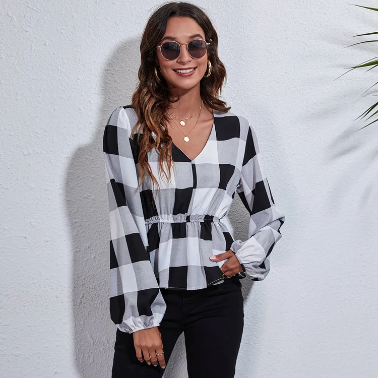 

Explosions in Europe and America fashion large plaid printed lantern sleeves waist V-neck blouse new personality