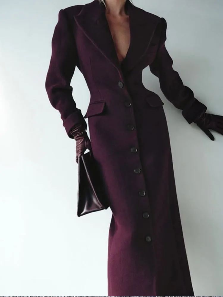 Elegant Wine Red Waist Up Wool Blend Long Jacket Women Chic Lapel Collar Single Breast Overcoat 2025 Autumn Lady High Streetwear