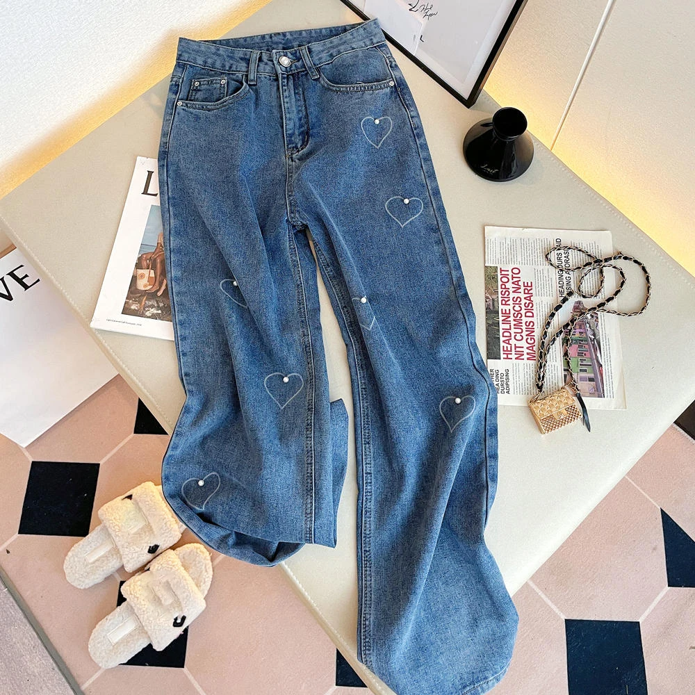 Long Denim Pants Women Spring Summer 2024 New Pearl Heart Print High Waist Slimming Wide Leg Jeans Girls Straight Leg Pant