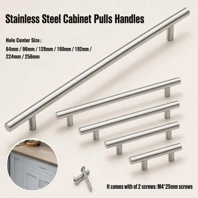 Furniture Handles Wardrobe Door Pull Stainlesss Steel Drawer Handle T Bar Straight Kitchen Long Cabinet Closet Knob  Silver