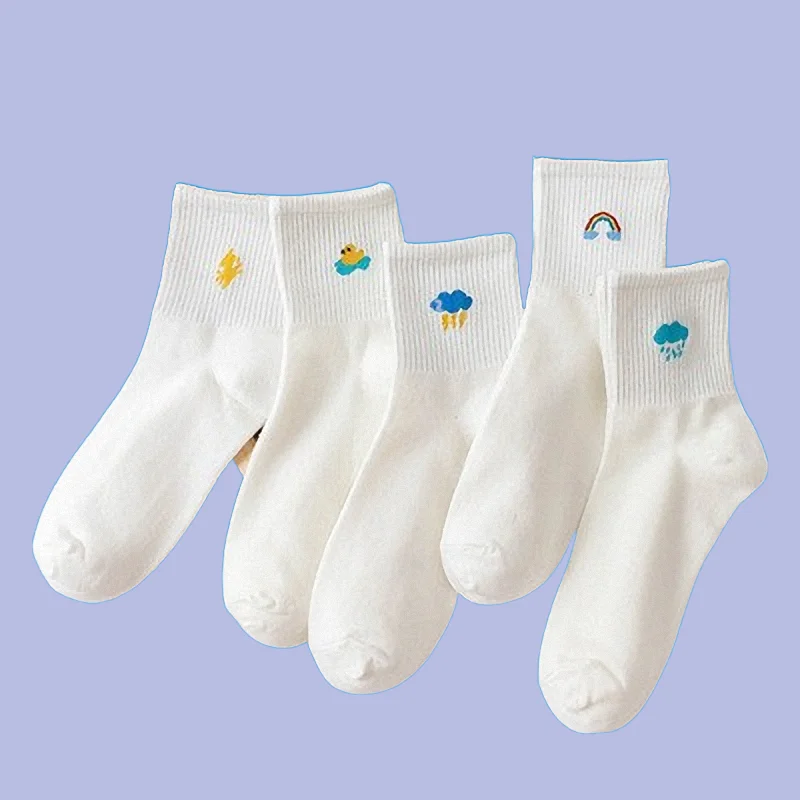 

5/10 Pairs Rainbow Socks Women's Mid-Tube Socks Spring, Summer and Autumn Thin Japanese Cute White Student Sports Socks