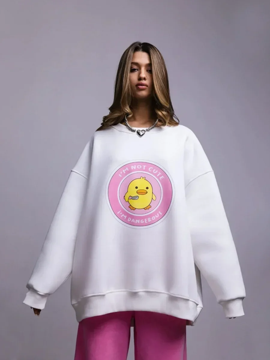Women's Loose Round Neck Sweatshirt Oversized Chic Printing Hoodies Casual Autumn Winter Warm Female Trendy PulloverT