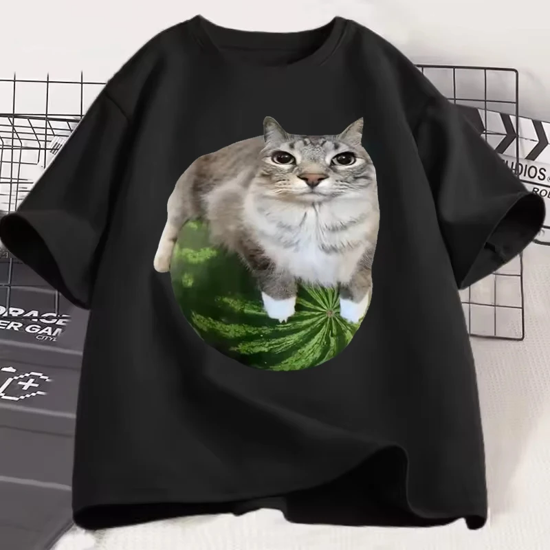Meme Cat Idiot Watermelon Men Woman T-shirt a Hilarious Watermelon Printed T-shirt Funny Short Sleeved Round Neck Couple's Top