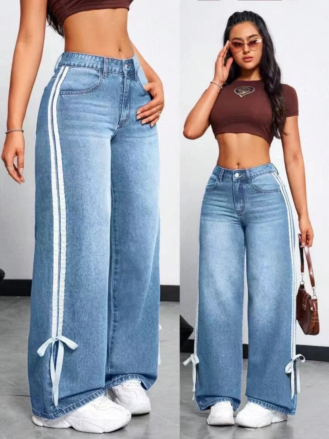 Side Stripe Lace Up High Waist Wide Leg Jeans Medium Blue Washed Slim Versatile Casual Women Jeans