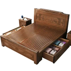 Solid wood bed carved storage drawer high box storage bed double bed