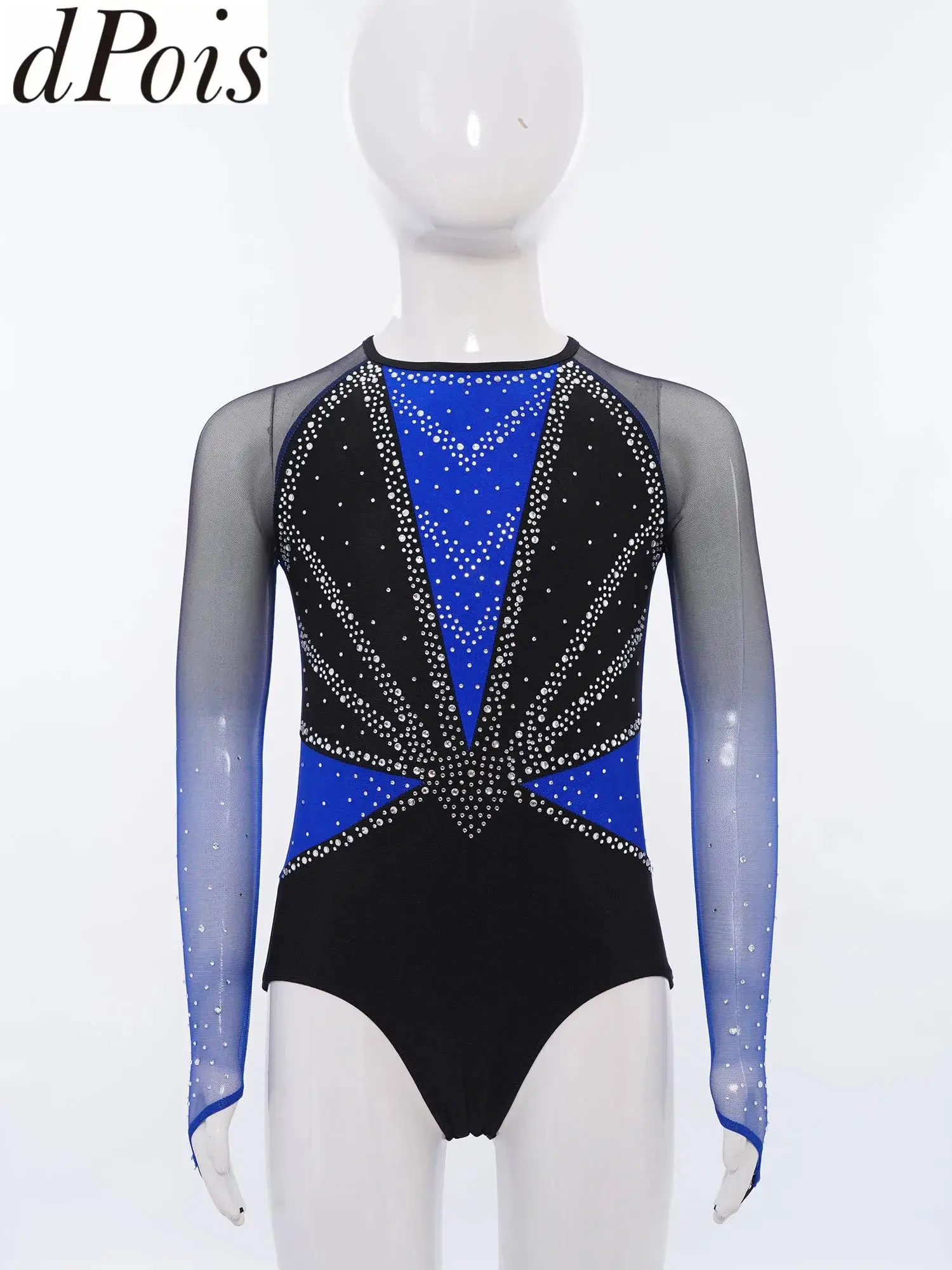 

Kids Girls Figure Skating Leotards Dance Gymnastic Long Sleeve Shiny Rhinestones Workout Jumpsuits Performance Ballet Unitards