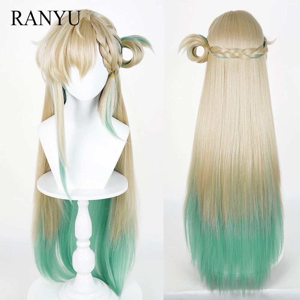 

Blonde Ombre Green Long Straight Synthetic Wigs with Bangs Anime Game Cosplay Fluffy Wig for Daily Party