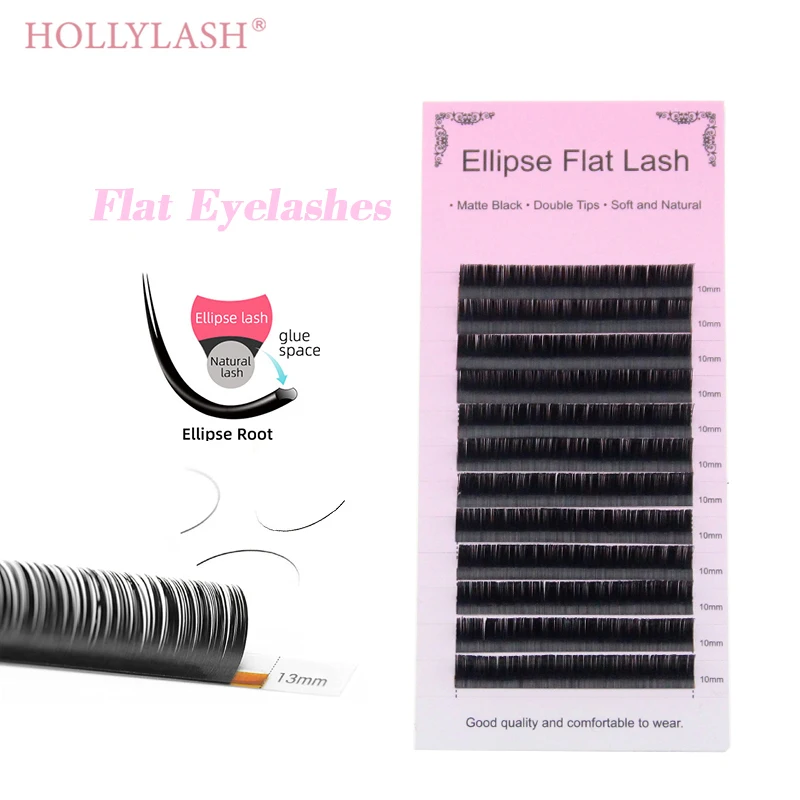 HOLLYLASH Ellipse Flat Lashes Extension Double Tips Professionals 8~15mm Split-tips Ellipse Eyelash Faux Mink Nature C D DD Curl