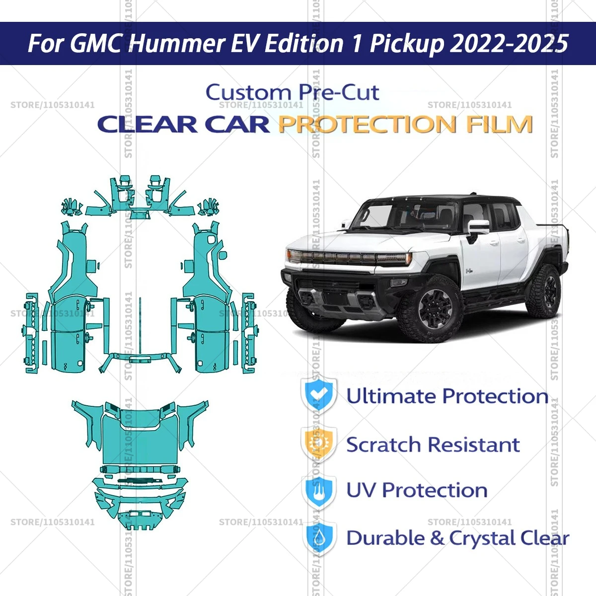 For GMC-Hummer-EV-Edition-1-Pickup-2022-2025 Pre-Cut Paint Protection Film PPF Transparent Car Film Professional Automotive PPF