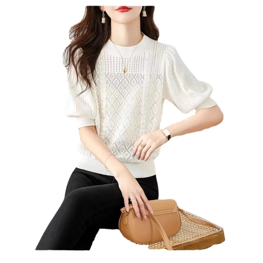 

Summer Puff Sleeve Knitwear for Women round Neck Top with Stereo Diamond Pattern Fashion Cut out Design New Style