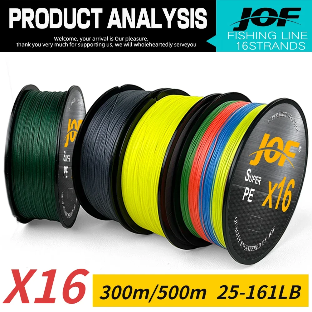 JOF PE Braided Fishing Line 16 Strands 25-161LB Big Game Multifilament Smooth 300/500M Super Strong Main Wire 0.16mm-0.7mm Pesca