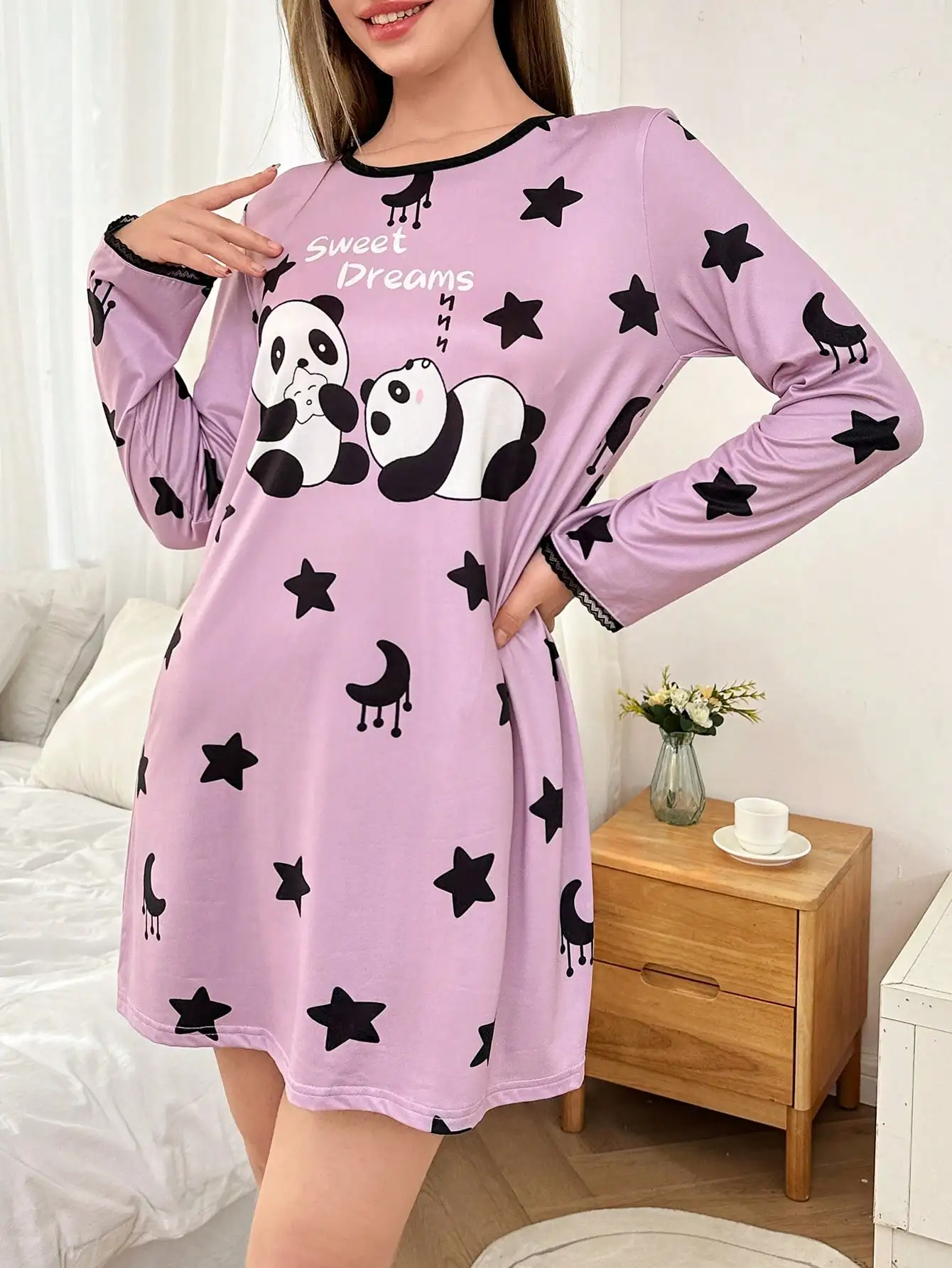 

Purple Long Sleeve Round Neck Nightgown with Bear and Star Print