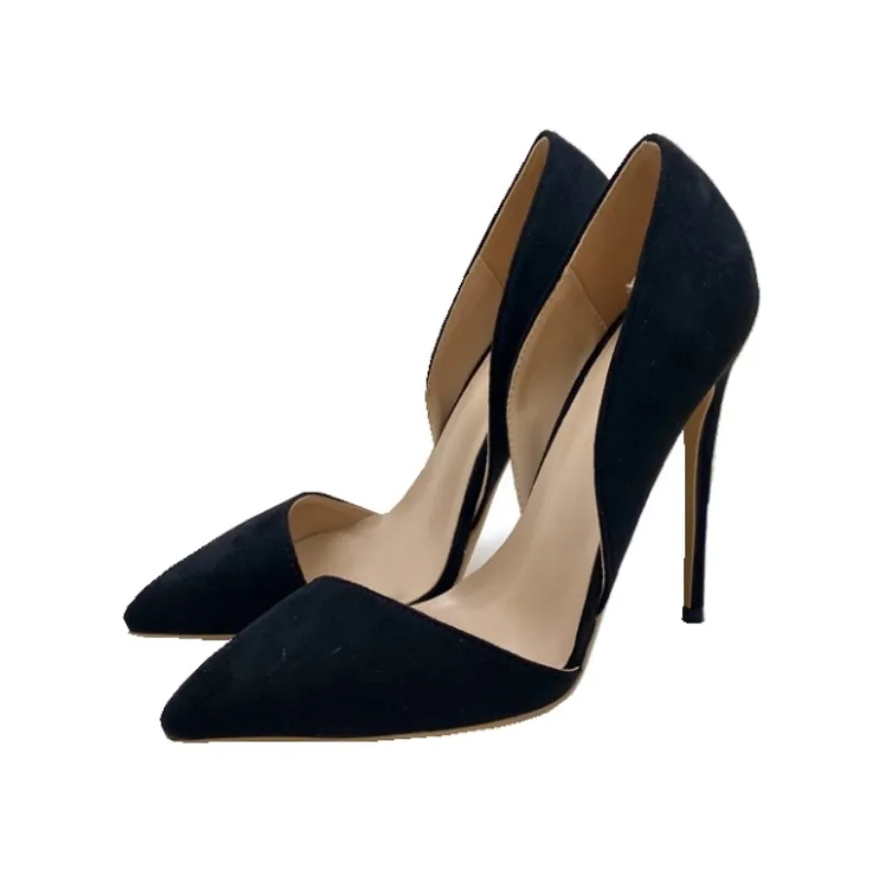 Black Suede Pointy Toe Side Cut High Heel Shoes with Spikes Sexy Suede Slip On Stiletto Pumps for Party Show Wedding