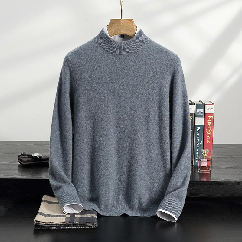 Autumn And Winter New 100% Cashmere Men's Ssemi-Turtle Neck Business Casual Long-Sleeved Bottoming Shirt Pullover.