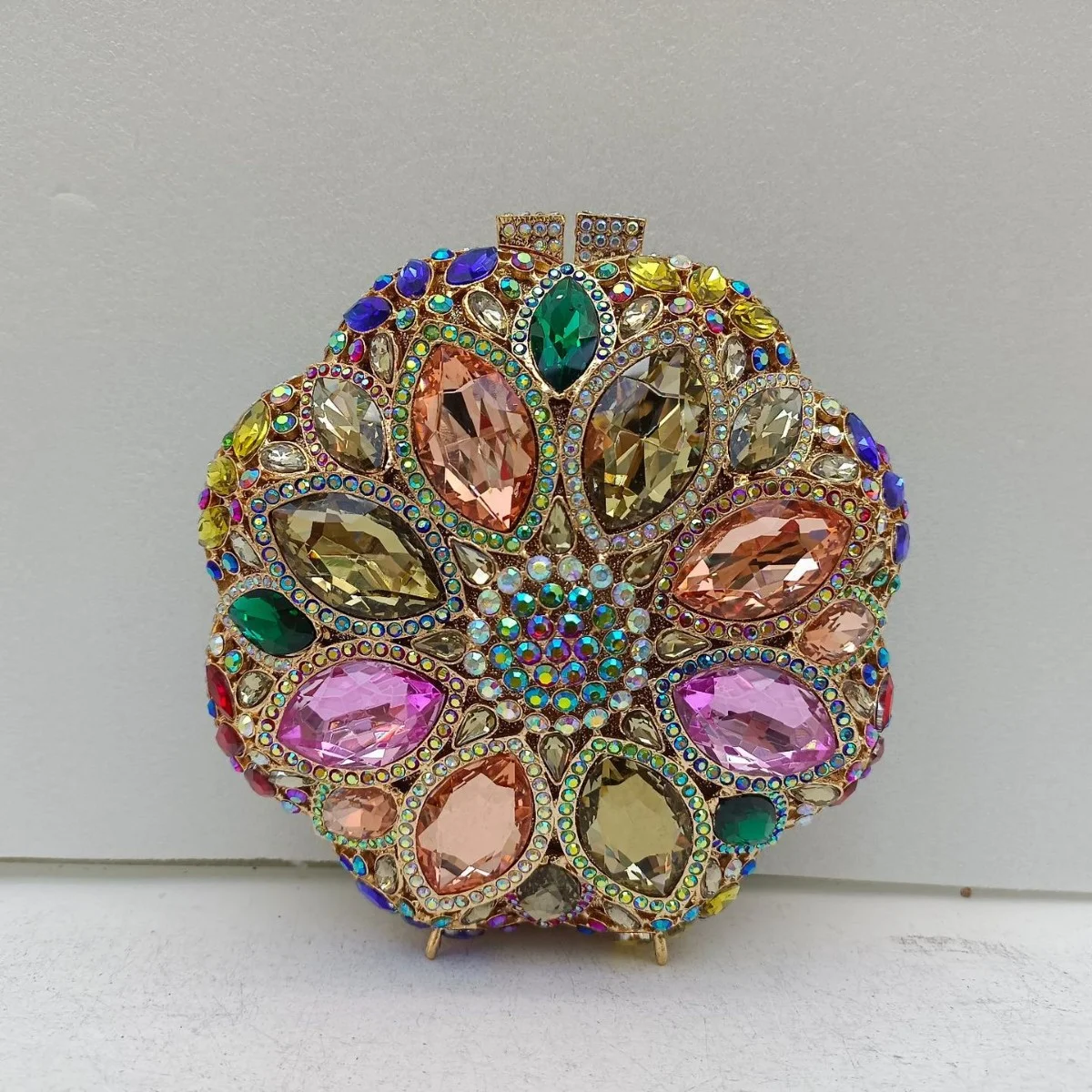 

XIYUAN Colorful Crystal Flower Round Clutch Luxury Rhinestone Evening Bag Rainbow Diamond Floral Handbag New Wedding Party Purse