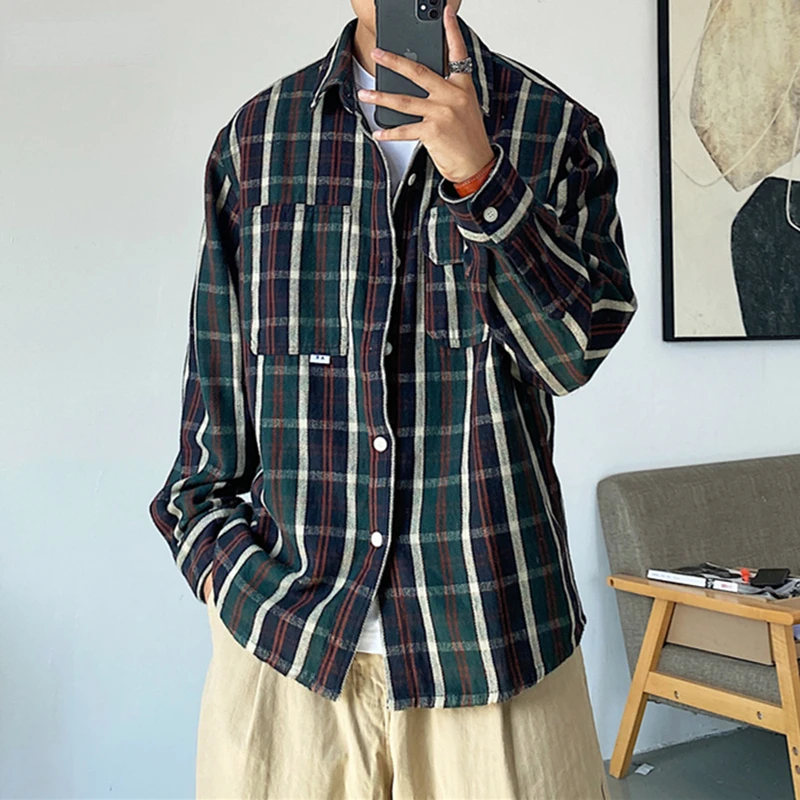 

Spring Autumn American Casual High Quality Plaid Shirts Men Clothing Japanese Streetwear Coat Harajuku Long Sleeves Tops Male
