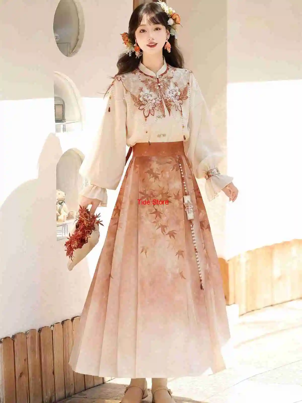 

Maple Leaf Poetry Improved Hanfu Women's Daily New Chinese Style Mamian Skirt Horse Face Skirt Top Cloud Shoulder Han