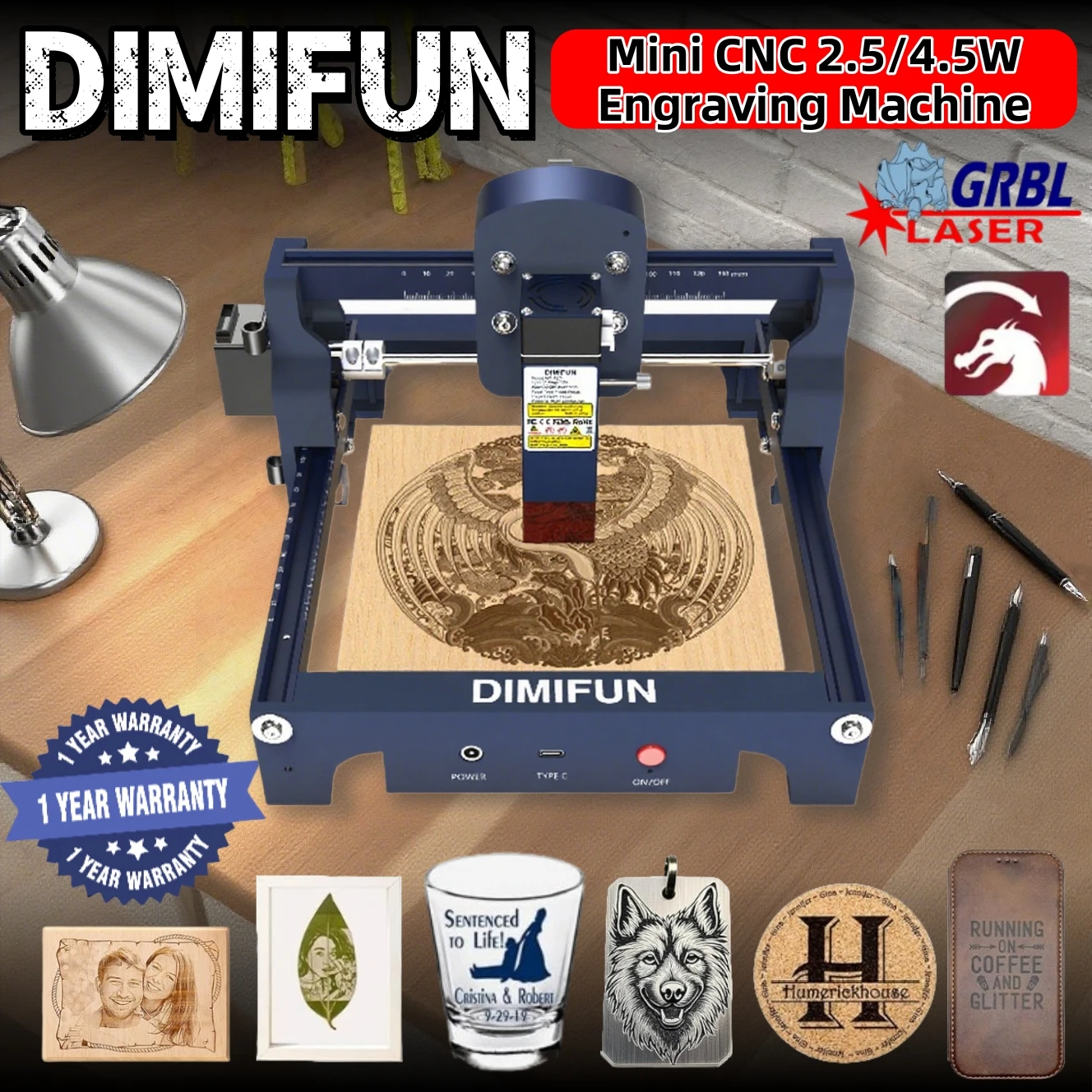 개인 DIY CNC 레이저 조각기 DIMIFUN 2.5W4.5W, 목재, 아크릴, 스테인리스 스틸 조각기에 적합