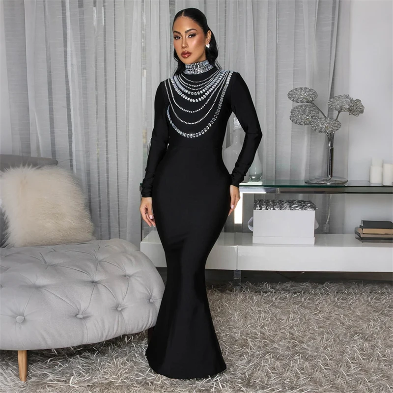 أنيقة كريستال الماس الأسود Bodycon فساتين ماكسي النساء الزفاف المشاهير طويلة الأكمام الياقة المدورة ليلة نادي فستان الحفلات الجلباب