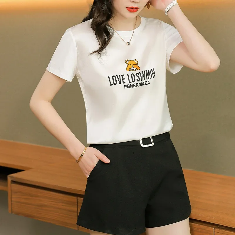 T Shirt Women Real Silk Spliced Cotton T-shirts Summer Top Short Sleeve White Tshirt Korean Round Neck T-shirt Loose Blouses